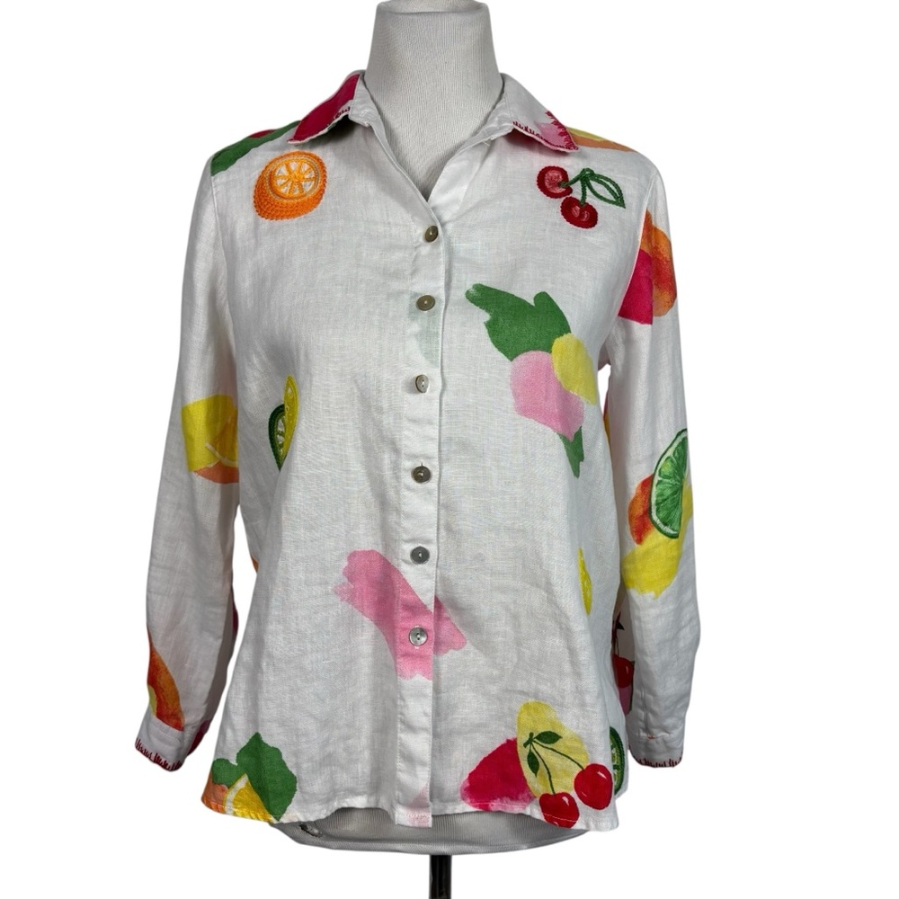 John Mark Embroidered Fruit Print 100% Linen Button Front Tunic Top Size PS